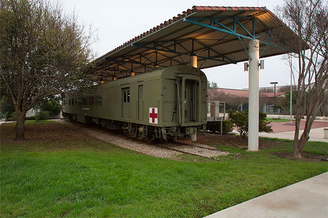 A hospital train car on view at the U.S. Army Medical Department Museum in San Antonio, Texas