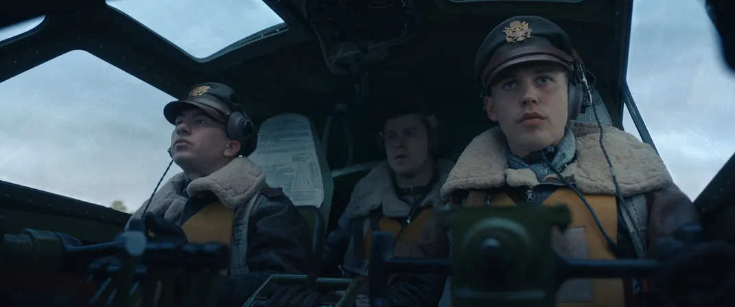 Barry Keoghan (front row, left) as Curtis Biddick and Austin Butler (front row, right) as Buck Cleven in "Masters of the Air"