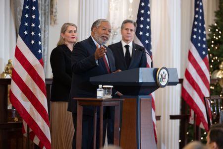 Secretary Lonnie Bunch speaks at the December signing ceremony. Courtesy of Chuck Kennedy / Department of State.