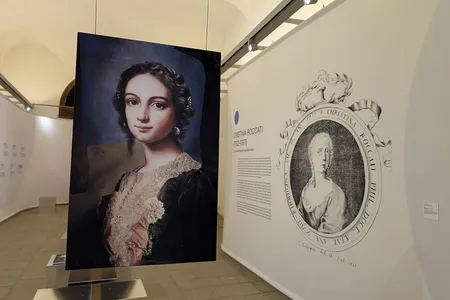 This portrait of Cristina Roccati (left) is by the contemporary Italian painter and engraver Matteo Massagrande. In the background is the only depiction of Roccati (right) from the 18th century.