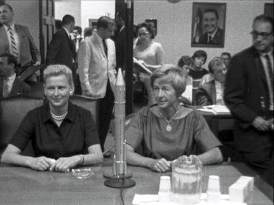Pilots Jerrie Cobb and Jane Hart testify about the potential for women to succeed in the space program before the Subcommittee of the House Committee on Science and Astronautics, July 1962.