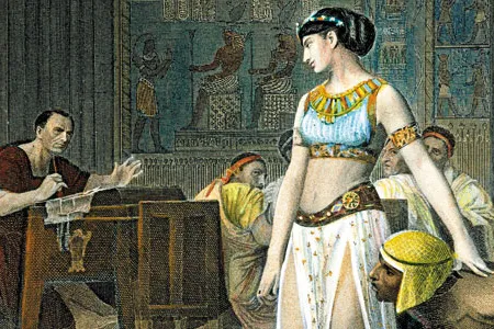 The Egyptian queen, shown here in a 19th-century engraving, sneaked back from exile and surprised Julius Caesar.