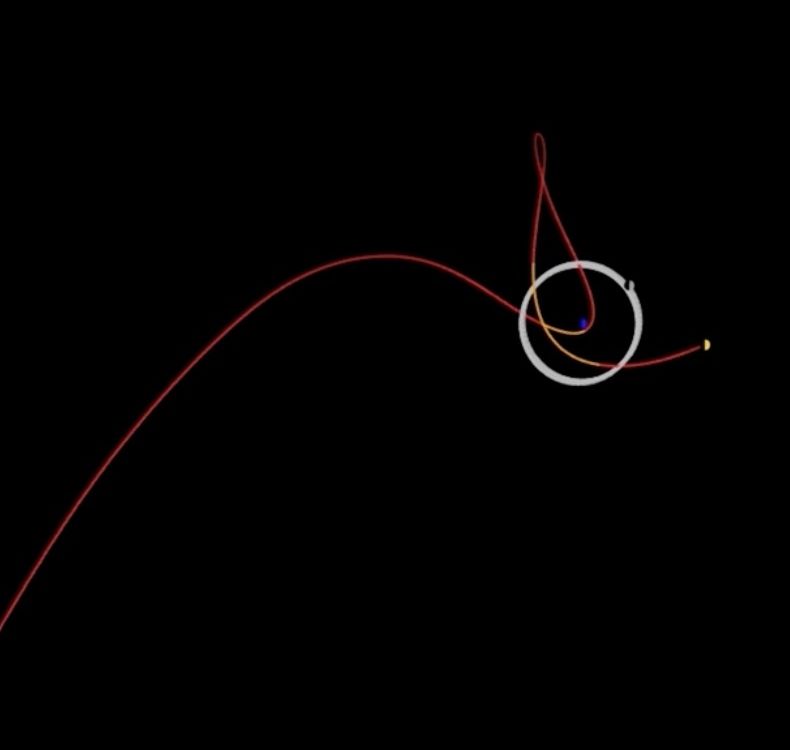 A red line showing the predicted path of 2020 SO, which arcs upward and curves in a bendy, elliptical shape around Earth; our moon's regular orbit is shown as a white circle surrounding a blue dot, Earth; all framed by black space