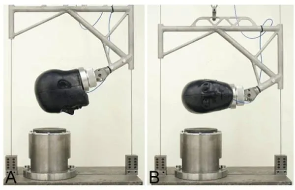 The impact system used in the study, simulating a frontal impact (A) and a side impact (B).