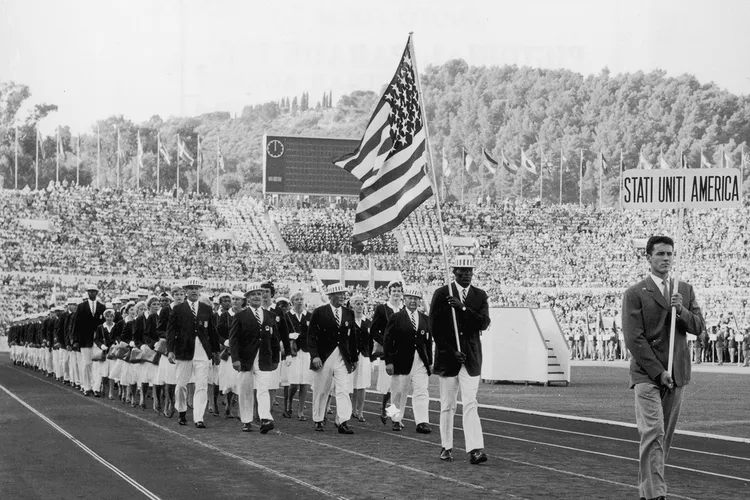 Members of the U.S. Olympic team participate in the Opening Ceremony for the 1960 Games in Rome.