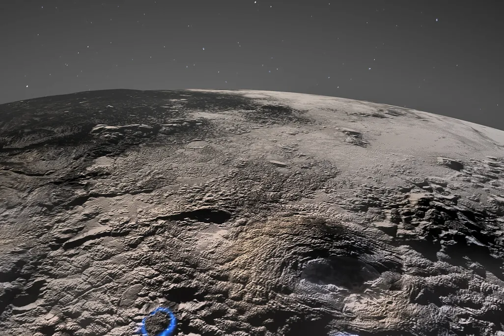 Images of Pluto's pocked surface with valley and peaks, volcanic areas circles in blue