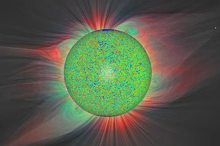 A mosaic image shows magnetic activity on the solar disk, which is surrounded by the relatively faint corona.