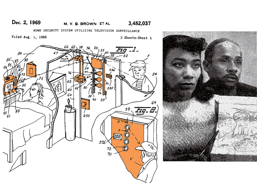 patent application for home-security system and an image of a woman and a man displaying the patent
