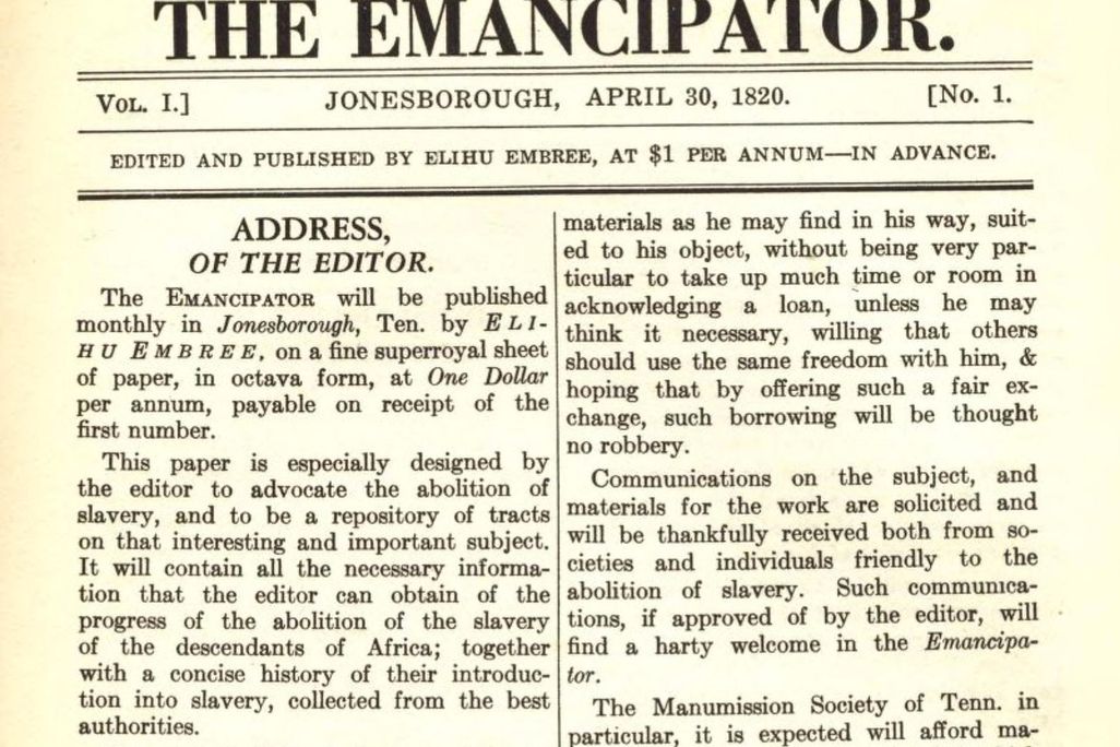 A screenshot of the first page of a nineteenth century pamphlet, with large font that reads THE EMANCIPATOR on top and an Address of the Editor, followed by two columns of text