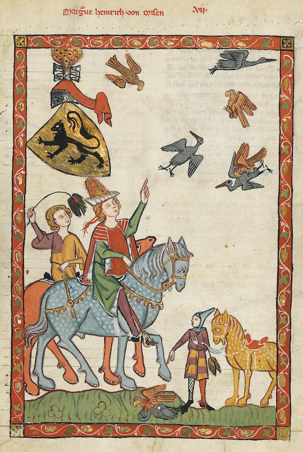 Medieval Europeans engaging in falconry on horseback