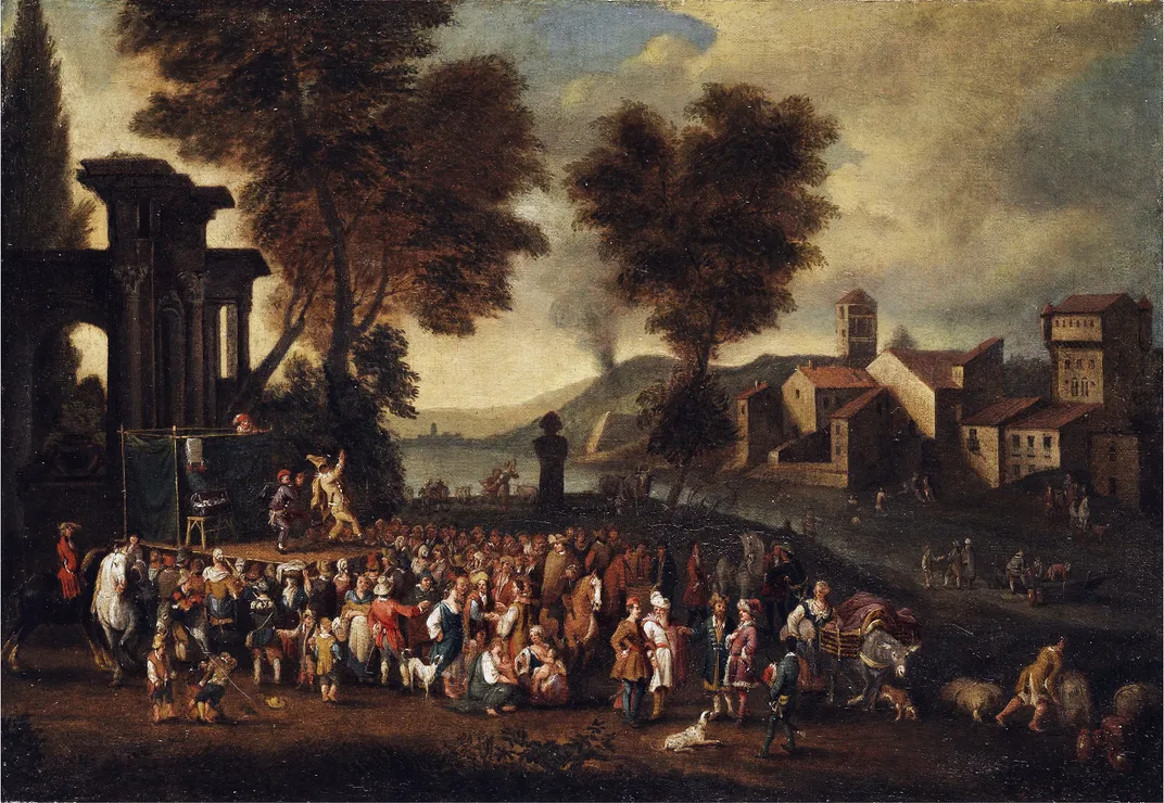 A painting of a commedia dell'arte troupe performing in the Italian countryside