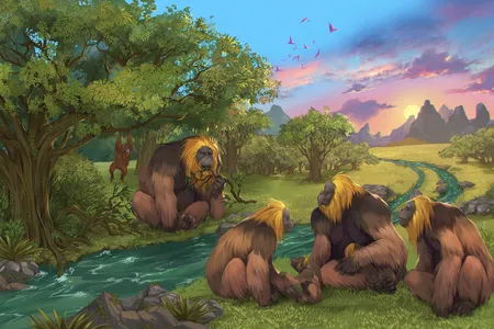 An artist's impression of&nbsp;Gigantopithecus blacki&nbsp;near a forest in southern China.