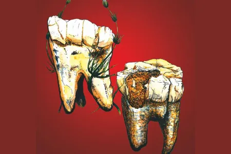 Hand-drawn illustration of two of the seven sampled molars from Australopithecus