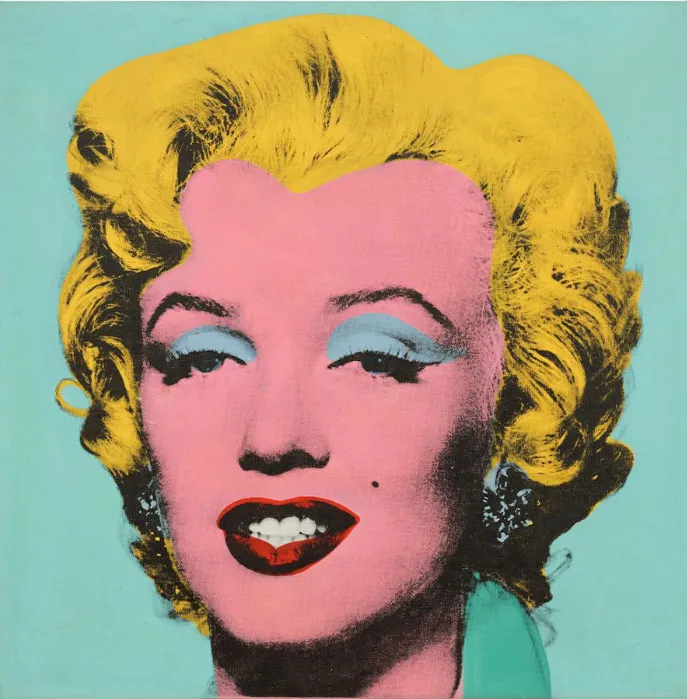 retrato de Marilyn Monroe sobre fondo azul salvia