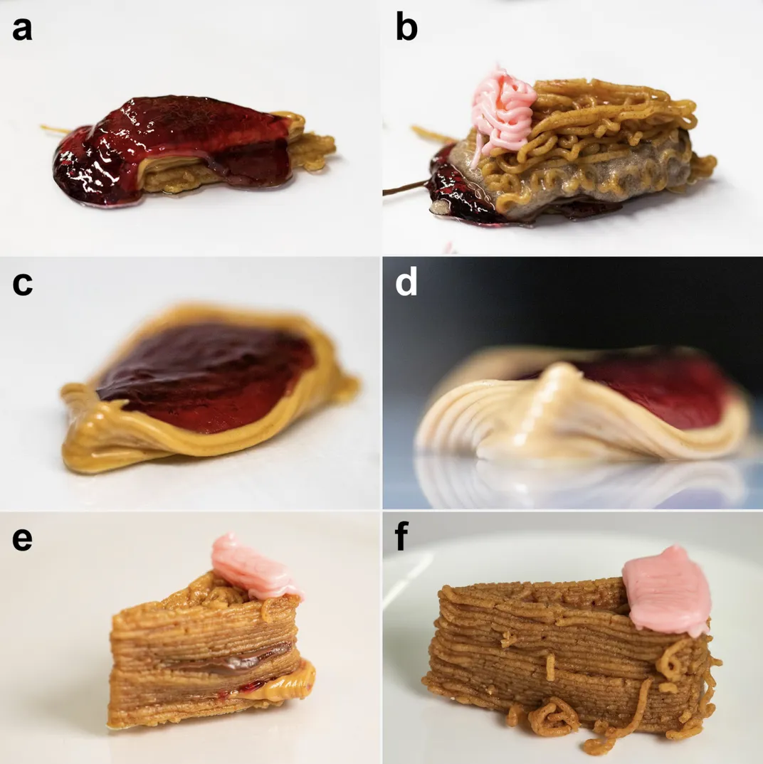 six cake slices: two are piles of jelly or messy paste, two are barely holding their shape, and two are structurally sound but a bit messy