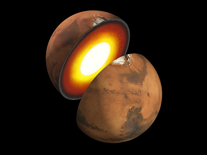 An illustration of Mars. The planet looks like it was cut in half and separated. The outside of the sphere is mottled red and brown, and the cross-section reveals a glowing core surrounded by a yellow-orange mantle, then a gray crust. 