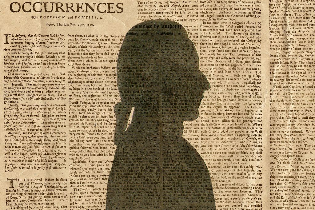 A silhouette of a man in front of a copy of Publick Occurrences
