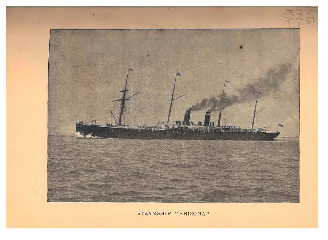 Interior page with black and white photo labeled "Steamship 'Arizona'".
