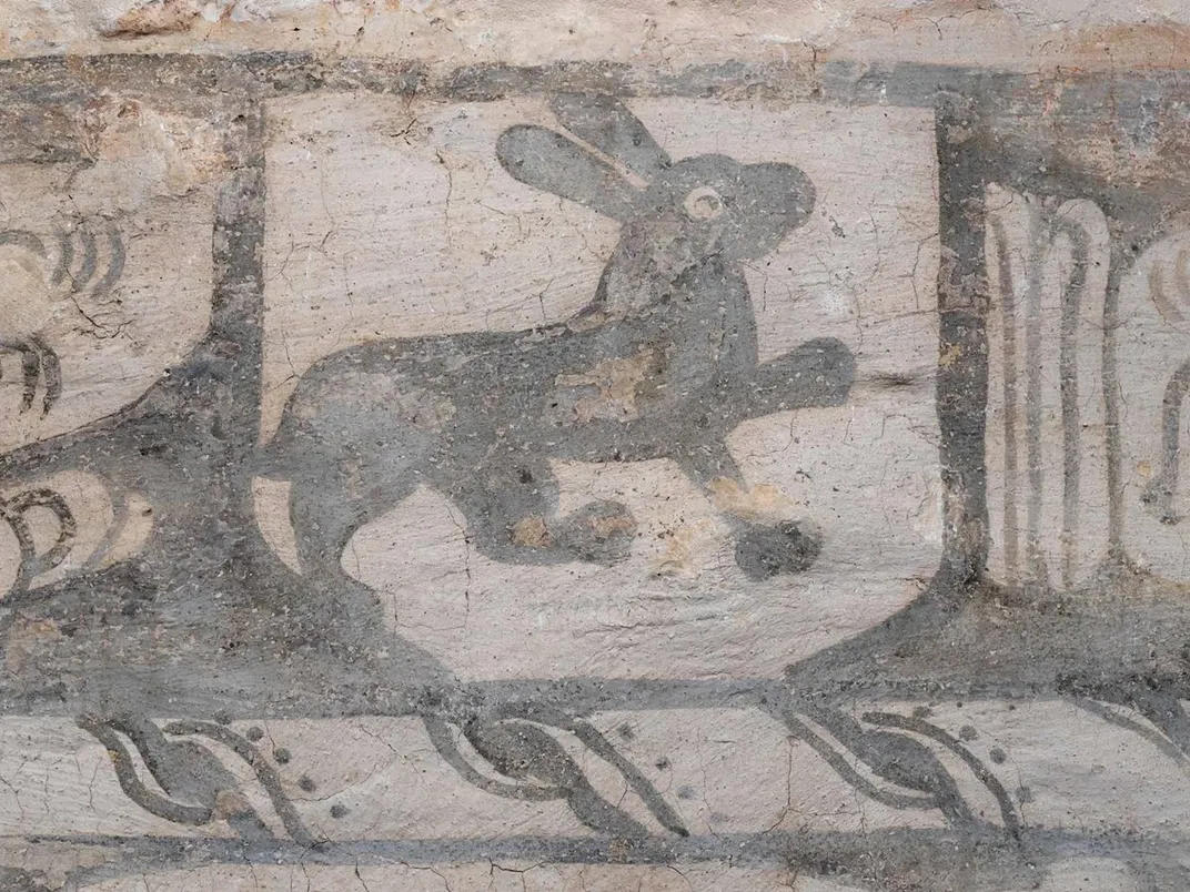 A section of the wall art depicting a hare