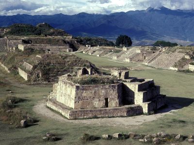 The main plaza of Monte Albán, in the Oaxaca Valley. Building J