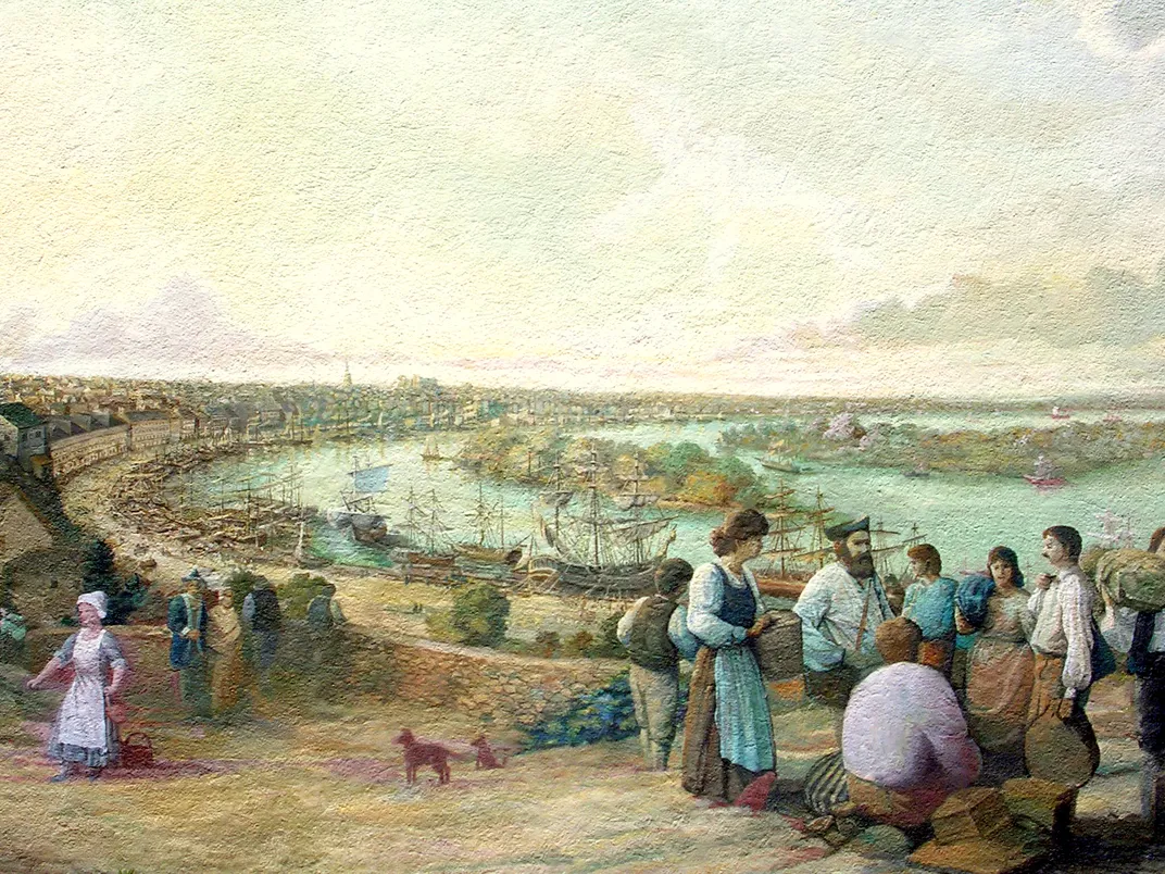 Detail of painting depicting the expulsion of Acadians from Nova Scotia