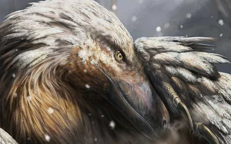A dinosaur with feathers in the snow