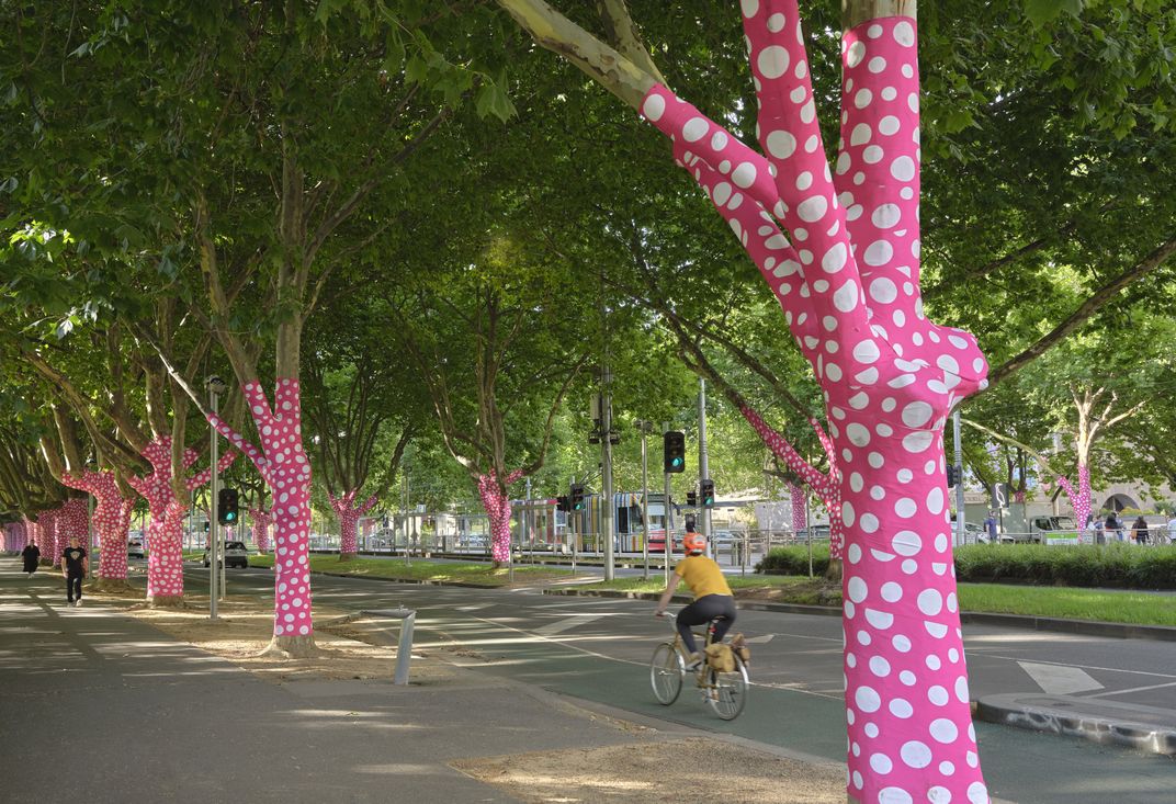 Trees wrapped in pink and white polka-dot fabric