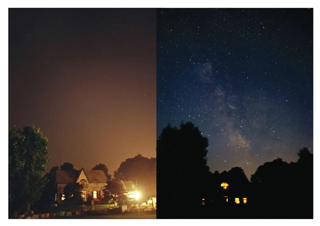 Before and after pictures of the Milky Way during a power outage