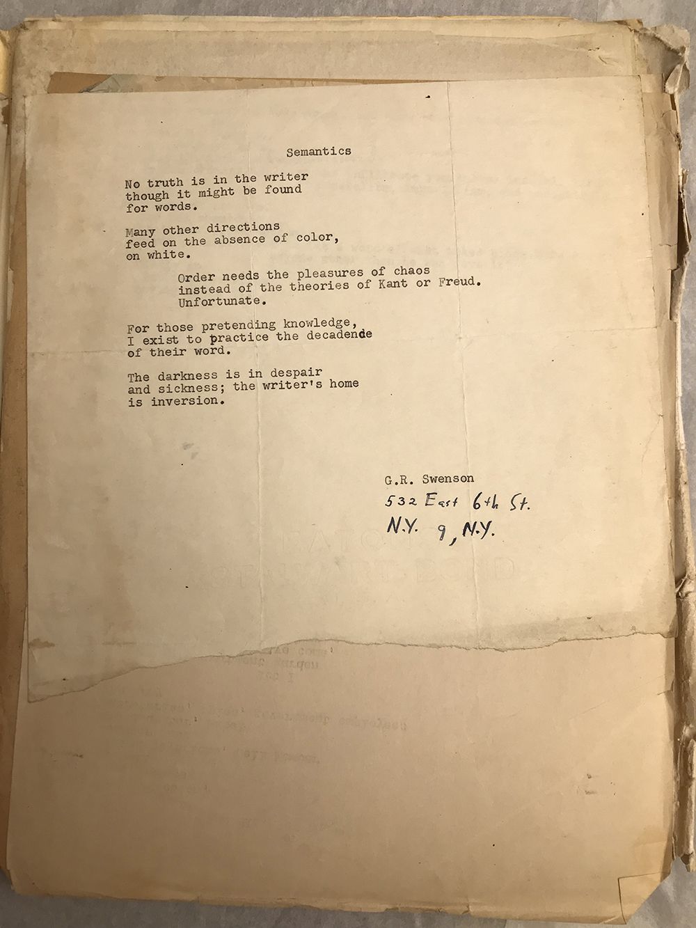 Yellowed page containing a typed poem by Gene Swenson