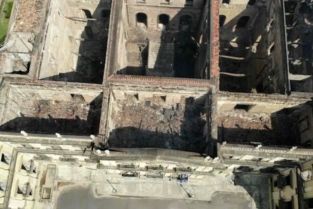 The National Museum, seen from above, after the overnight fire in Rio de Janeiro, Brazil.