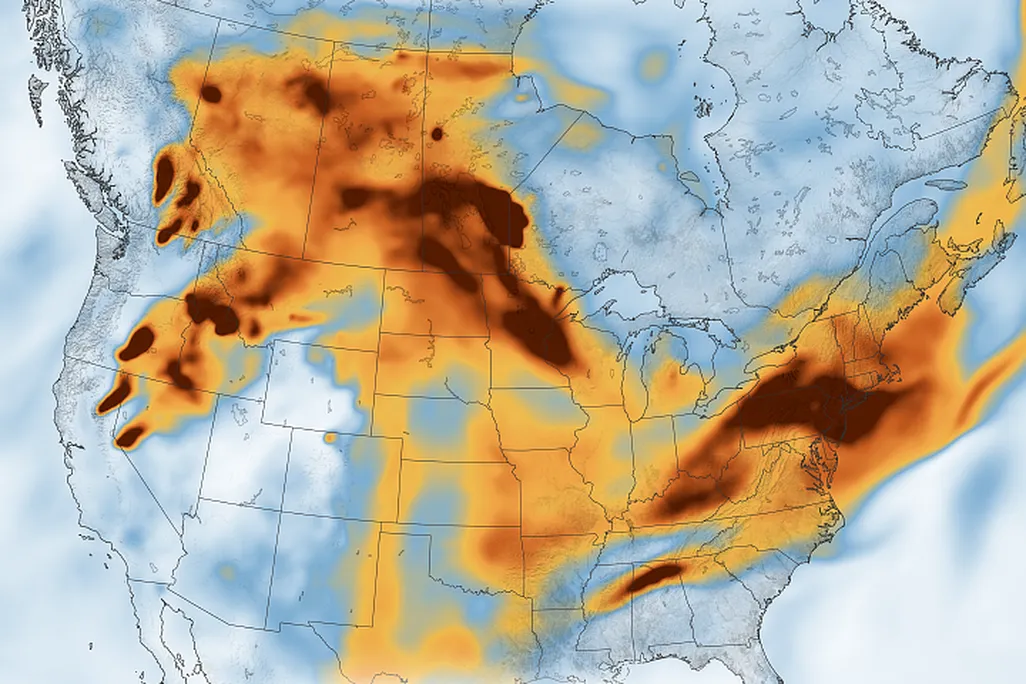 A map showing how particulates from wildfires in Canada and the Western U.S. has spread to the East Coast