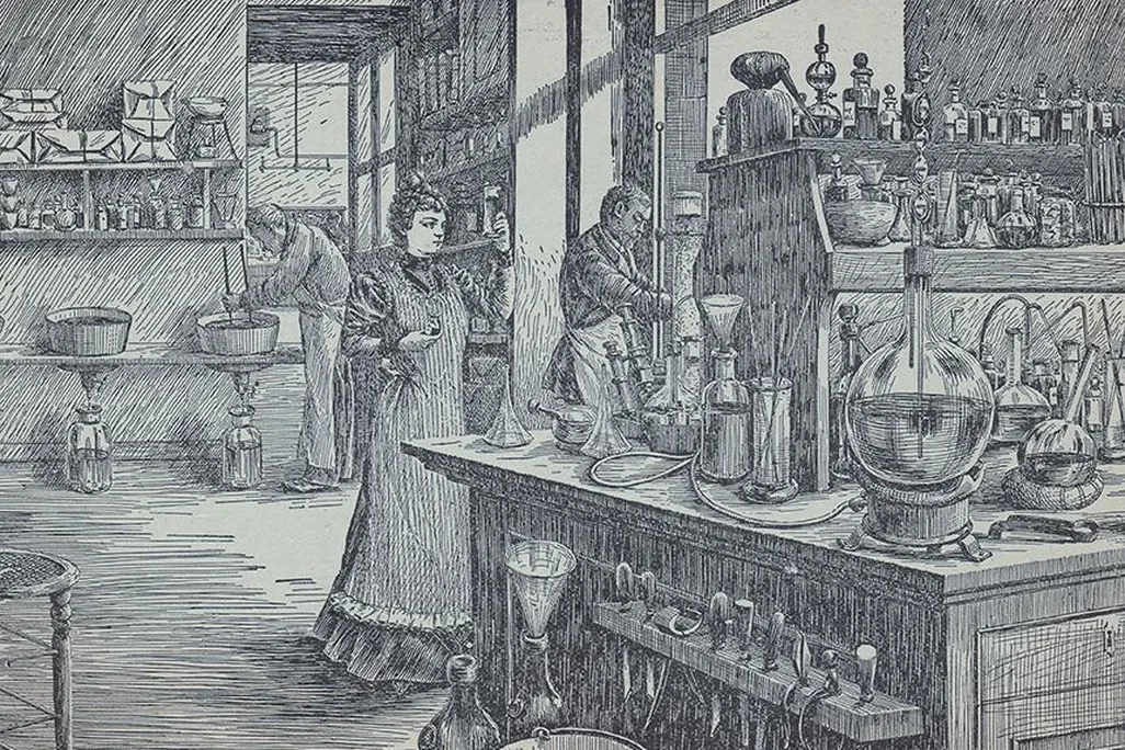 A sketch of Madam Yale in her laboratory. 