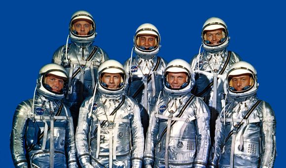 NASA's Project Mercury astronauts on April 9, 1959. Known as the Mercury Seven or Original Seven, they are (front row, left to right) Walter M. 