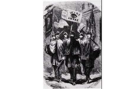 Wide Awake Republican political club from 1860, comprised of young men who dressed in uniforms and marched at night by torchlight for Lincoln.