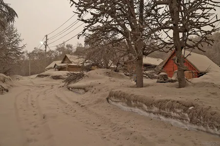 Volcanic ash covers the ground and houses in Klyuchi village on the Kamchatka Peninsula in Russia after the Shiveluch volcano&#39;s eruption.&nbsp;