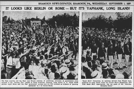 German-Americans rally in New York in support of the Nazis in a news clipping from the Shamokin News-Dispatch 