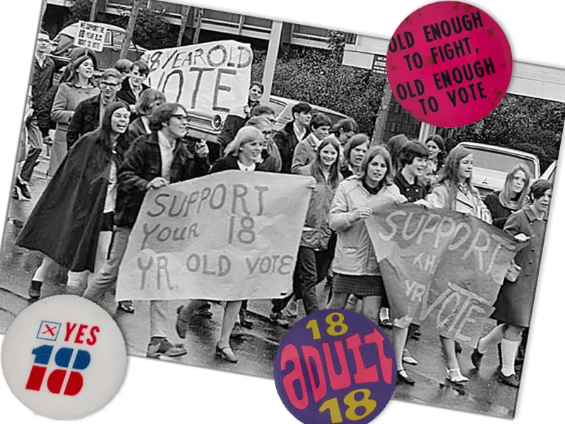 buttons in support of the 26th Amendment on top of a photo of young people marching