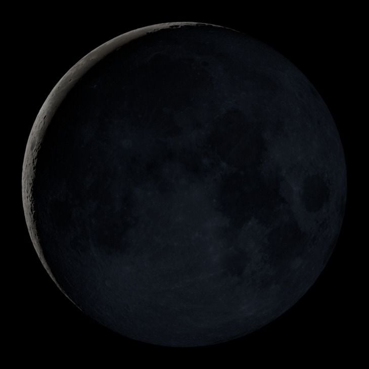 An image of a waning crescent moon as it appeared on April 28, 2022. It appears as a small sliver.