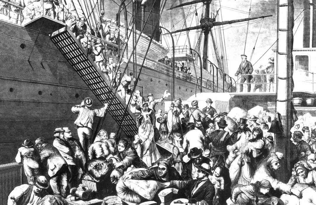An 1874 illustration of German emigrants boarding a steamer to New York