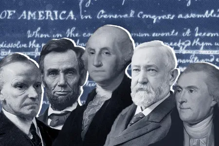 The Library of Congress recently completed a major digitization effort, making collections of 23 U.S. presidents' papers available online for study. From left: Calvin Coolidge, Abraham Lincoln, George Washington, Benjamin Harrison and Thomas Jefferson; behind: Jefferson's June 1776 draft of the Declaration of Independence