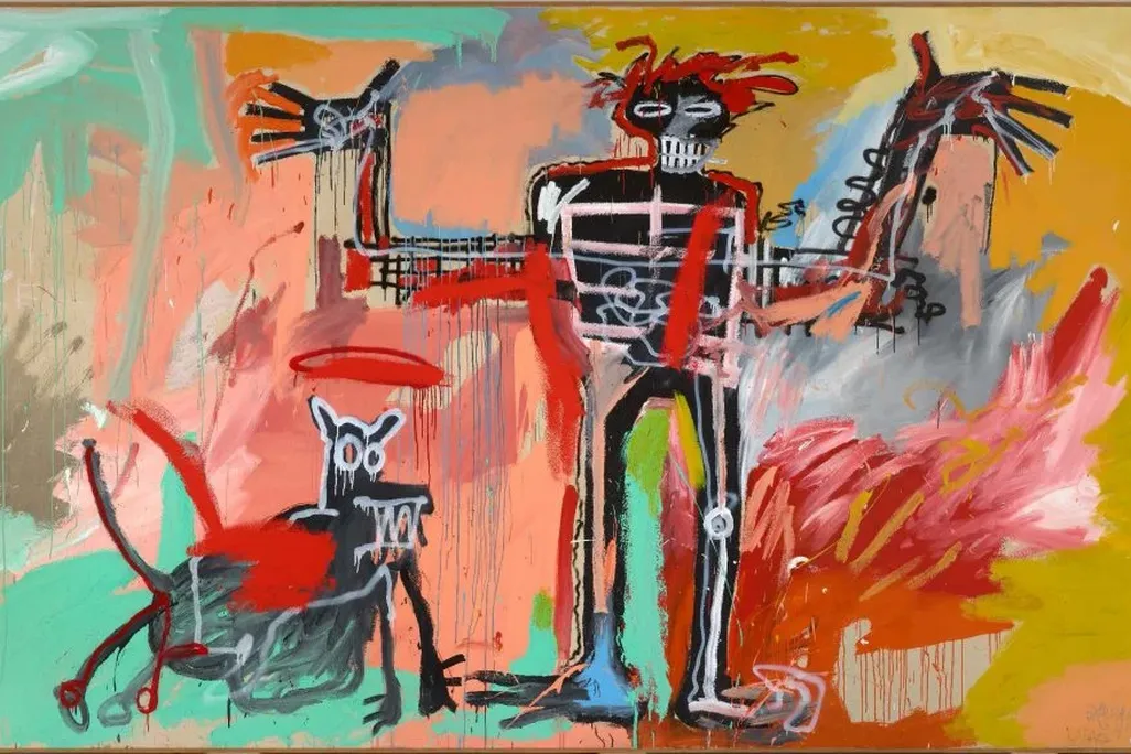 Painting with vivid colors and a skeletal human figure next to a skeletal dog figure