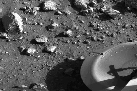 The first picture taken by Viking 1 on the surface of Mars, July 20, 1976.