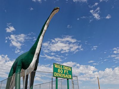 An 80-foot dinosaur at the entrance to the town of Wall, South Dakota, advertises for Wall Drug.