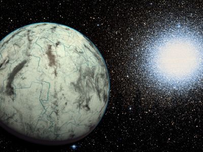 Artist’s view of Kapteyn b with the globular cluster Omega Centauri in the background.