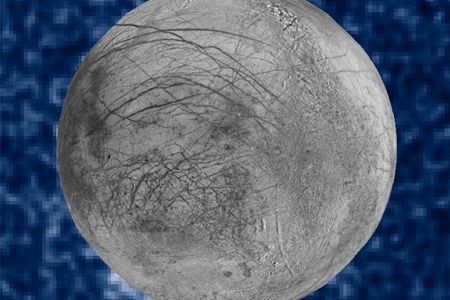 This composite image shows suspected plumes of water vapor erupting at the 7 o’clock position off of Jupiter’s moon Europa. 