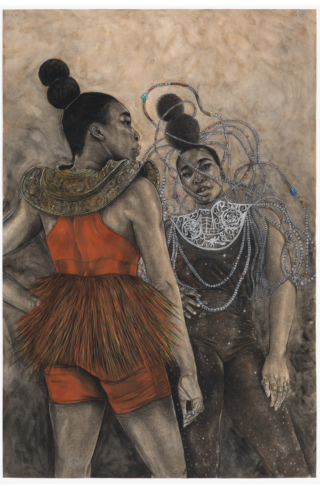 Robert Pruitt, Venus Williams, Double Portrait, 2022, conté crayon, charcoal, pastel, and coffee wash on paper