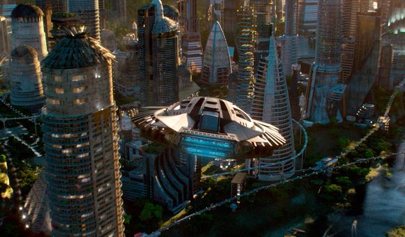 T’Challa’s Royal Talon Fighter flying above Wakanda in the film Black Panther. Credit: Marvel Studios.