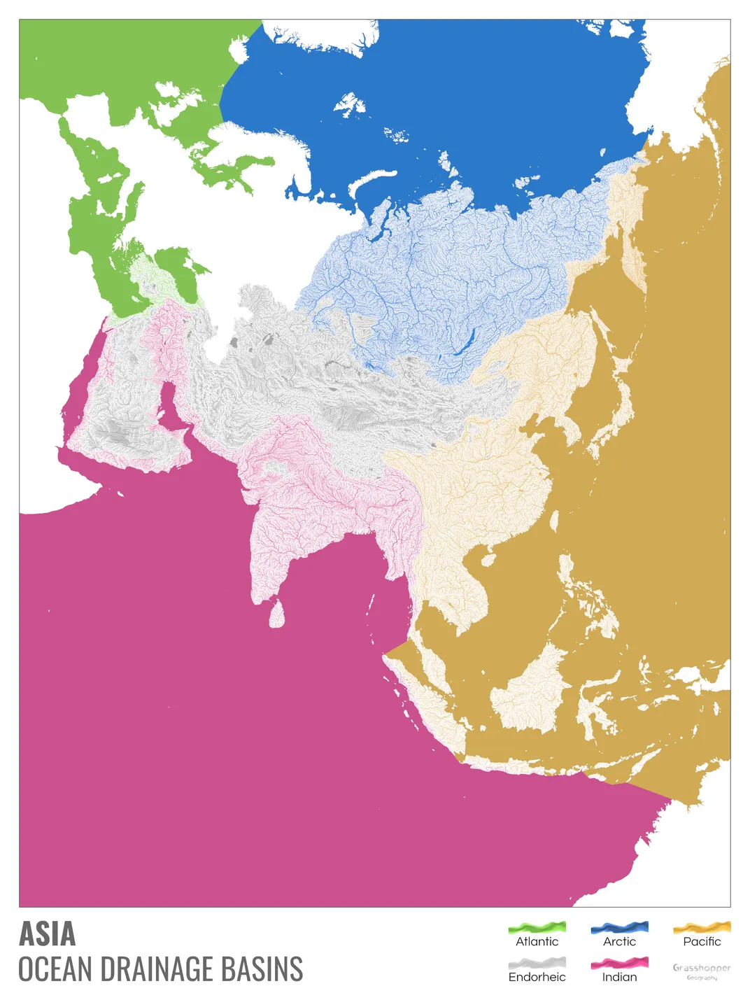 Carte des bassins versants océaniques de l’Asie