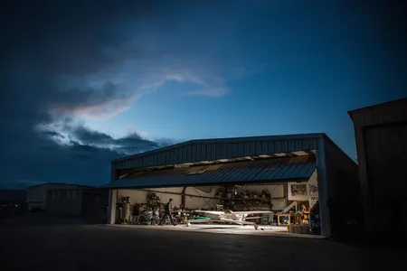 Elliot Seguin makes a late-night visit to his hangar at the Mojave Air and Space Port, where he worked on the Twin Engine Research Project, an experimental jet he and Justin Gillen built from an old Rutan Quickie Q1.