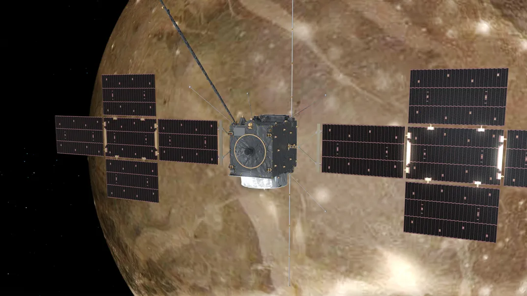 illustration of a spacecraft with wing-like solar panels on each side in front of ganymede